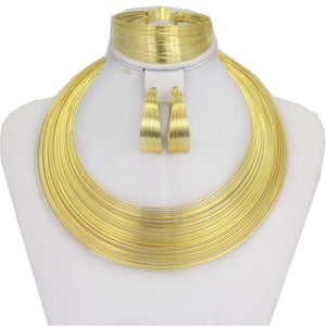 Liffly Fashion Dubai Gold Jewelry Sets for Women African Wedding Wire Charm Necklace Bracelet Earrings Nigerian Bridal Jewelry - UTouchUBuyNow