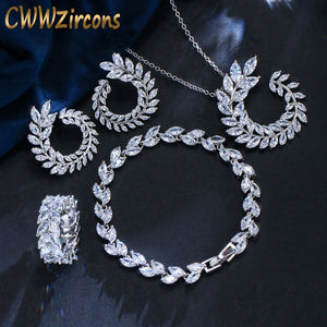 CWWZircons 4 Pcs Leaf Shape New Fashion CZ Necklace Earring Bracelet and Ring Sets Famous Brand Jewelry Women Accessories - UTouchUBuyNow