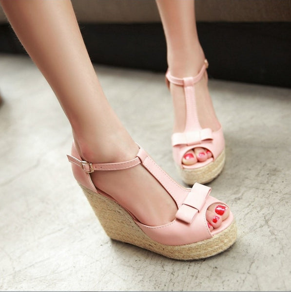 Mary Jane shoes platform wedges peep toe sandals women pumps bowtie knot ankle t-strap espadrilles pink white cosplay - UTouchUBuyNow