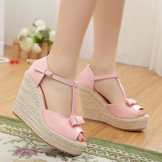 Mary Jane shoes platform wedges peep toe sandals women pumps bowtie knot ankle t-strap espadrilles pink white cosplay - UTouchUBuyNow