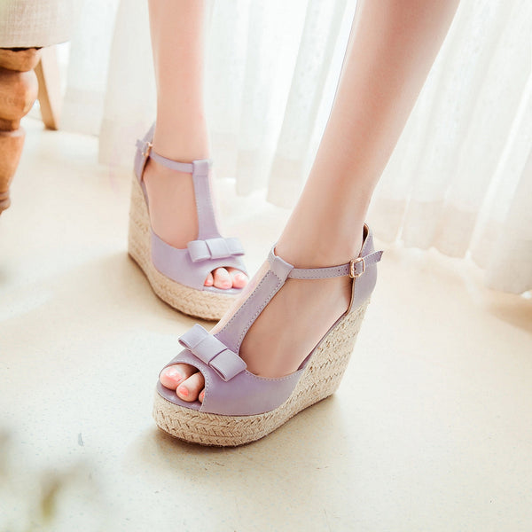 Mary Jane shoes platform wedges peep toe sandals women pumps bowtie knot ankle t-strap espadrilles pink white cosplay - UTouchUBuyNow