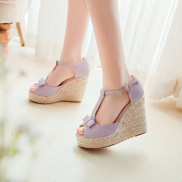 Mary Jane shoes platform wedges peep toe sandals women pumps bowtie knot ankle t-strap espadrilles pink white cosplay - UTouchUBuyNow