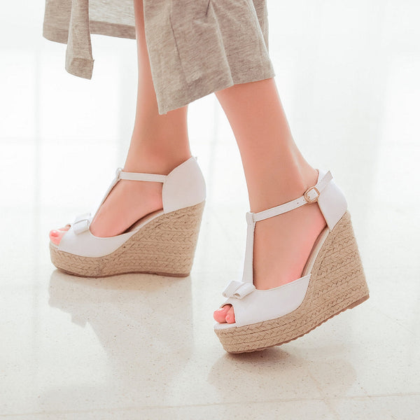 Mary Jane shoes platform wedges peep toe sandals women pumps bowtie knot ankle t-strap espadrilles pink white cosplay - UTouchUBuyNow