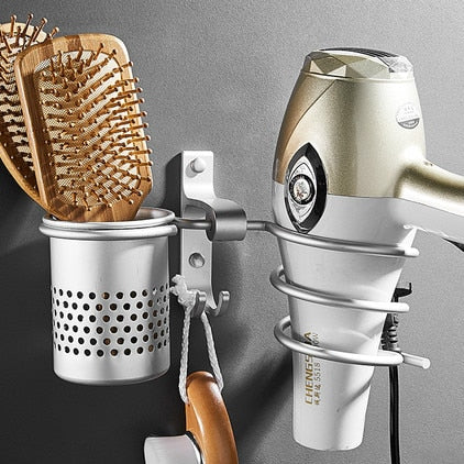 Gold Hair Dryer Holder Space Aluminium Bathroom Wall Shelf Hair Dryer Rack with Basket Bathroom Accessories - UTouchUBuyNow