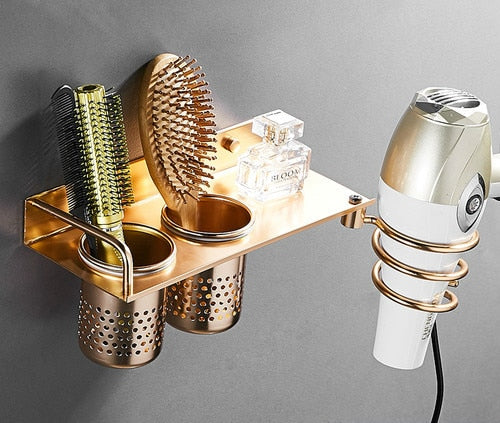 Gold Hair Dryer Holder Space Aluminium Bathroom Wall Shelf Hair Dryer Rack with Basket Bathroom Accessories - UTouchUBuyNow