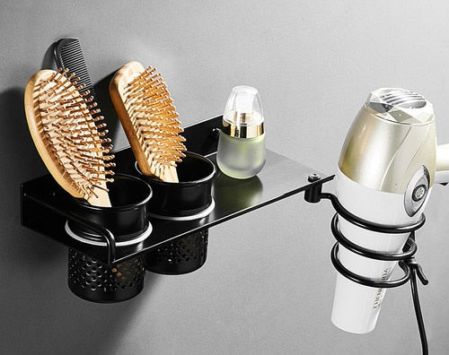 Gold Hair Dryer Holder Space Aluminium Bathroom Wall Shelf Hair Dryer Rack with Basket Bathroom Accessories - UTouchUBuyNow